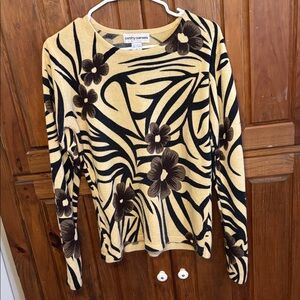 Cathy Daniels Black Tan Yellow Floral Tiger Print Pullover Sweater Size Small